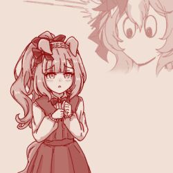 2girls animal_ears blunt_bangs bow bowtie braid brown_theme character_request commentary_request cowboy_shot crown_braid dress ear_bow ears_down hair_bow high_ponytail horse_ears horse_girl long_hair long_sleeves lowres monochrome multiple_girls no_mouth open_mouth pinafore_dress ponytail shiodanx simple_background sleeveless sleeveless_dress umamusume