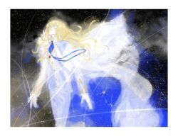 1boy arms_at_sides ascot blonde_hair blue_ascot blue_brooch border brooch cape closed_eyes commentary english_commentary fate/grand_order fate_(series) feathers formal_clothes frilled_sleeves frills gloves hair_between_eyes highres jacket jewelry kirschtaria_wodime long_hair long_sleeves male_focus narupesoonu olympus_(fate/grand_order) pants parted_lips side_cape smile solo standing suit white_border white_cape white_feathers white_gloves white_jacket white_pants white_suit