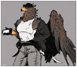 1girl beak belt bird_girl bird_tail bird_wings black_hat blue_eyes border colored_sclera feathered_wings furry furry_female grey_background grey_pants hand_on_own_hip hat holding holding_phone looking_at_viewer nagabe original pants phone simple_background solo standing tail tank_top white_border white_tank_top wings yellow_sclera