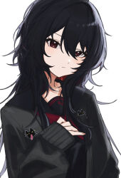 1girl absurdres black_hair black_sailor_collar blush closed_mouth highres kisaragi_ren_(5th_costume) kisaragi_ren_(vtuber) long_hair looking_at_viewer neckerchief red_eyes red_neckerchief ryo---ta sailor_collar school_uniform serafuku solo virtual_youtuber vspo! white_background