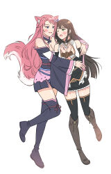 2girls absurdres animal_ears between_legs blue_eyes blush boots bound bound_wrists brown_hair ceri_(sakura_dungeon) commission commissioner_upload fox_ears fox_tail full_body green_eyes highres hug idgukgu japanese_clothes knee_boots looking_at_another multiple_girls non-web_source sakura_dungeon tail thigh_boots yomi_(sakura_dungeon) yuri