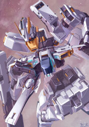advance_of_zeta glowing gun gundam gundam_tr-1_hazel gundam_tr-1_hazel_owsla highres holding holding_gun holding_weapon looking_down mecha mobile_suit no_humans red_eyes robot science_fiction signature solo space star_(sky) tei-o v-fin weapon