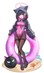 1girl animal_hood black_choker black_hair black_jacket black_pantyhose blue_archive breasts cat_hood choker colored_inner_hair competition_swimsuit covered_navel cropped_jacket extra_ears full_body halo hibika highleg highleg_one-piece_swimsuit highres hood hood_up hooded_jacket innertube jacket kazusa_(blue_archive) looking_at_viewer medium_breasts multicolored_hair multicolored_swimsuit one-piece_swimsuit pantyhose pantyhose_under_swimsuit pink_hair pink_halo pink_one-piece_swimsuit sandals short_hair smile solo standing swim_ring swimsuit thighband_pantyhose two-tone_swimsuit