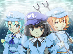 3girls black_eyes black_hair braid dark_haired_kappa flx glasses glasses_kappa hair_tie_kappa hat kappa_mob_(touhou) long_hair looking_at_viewer multiple_girls open_mouth short_hair smile touhou