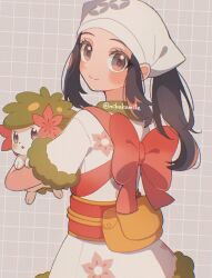 1girl akari_(pokemon) alternate_costume black_hair blush bow closed_mouth eyelashes floral_print floral_print_kimono galaxy_expedition_team_survey_corps_uniform gen_4_pokemon grey_eyes hat headscarf highres holding japanese_clothes kimono legendary_pokemon long_hair mikakami1e mythical_pokemon nintendo official_alternate_costume pokemon pokemon_(creature) pokemon_legends:_arceus ponytail pouch print_kimono sash scarf shaymin shaymin_(land) short_sleeves sidelocks smile white_headscarf