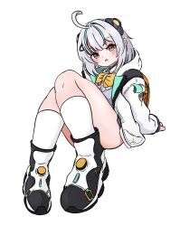 1girl :o admi_(nikke) ahoge backpack bag black_skirt blush bow bowtie collared_shirt convenient_leg full_body goddess_of_victory:_nikke green_hair grey_hair grey_sweater hair_ornament headgear highres hood hood_down hooded_jacket jacket knees_together_feet_apart long_sleeves looking_at_viewer multicolored_hair okayun_daisuki open_clothes open_jacket open_mouth pink_eyes shirt shoes sitting skirt sneakers socks solo streaked_hair sweater sweater_vest thighs transparent_background white_jacket white_shirt yellow_bow yellow_bowtie