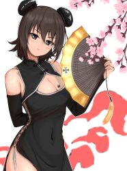 Rule 34 | 1girl, arm behind back, black gloves, branch, breasts, bridal gauntlets, brown eyes, brown hair, bun cover, cherry tree, cleavage cutout, closed mouth, clothing cutout, commentary, cowboy shot, double bun, dress, elbow gloves, emblem, folding fan, girls und panzer, gloves, hair bun, hand fan, head tilt, highres, holding, holding fan, kuromorimine (emblem), lace-up, looking at viewer, medium breasts, nishizumi maho, peba, short hair, side slit, sleeveless, sleeveless dress, smile, solo, standing, white background