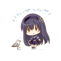 1girl bird black_hair blue_capelet blue_dress blue_hairband bone_hair_ornament capelet chibi dress frilled_capelet frills full_body hair_ornament hairband highres kushima_kamome long_hair seagull shoes simple_background skull_and_crossbones skull_hair_ornament solo standing summer_pockets translated ura_(ura-tennislove) white_background yellow_eyes