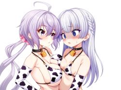 Rule 34 | 2girls, ahoge, animal print, asymmetrical docking, bell, bikini, breast conscious, breast envy, breast press, breasts, cleavage, commentary request, cow print, cow print bikini, dolphin wave, elbow gloves, gloves, grey hair, hair ornament, hair scrunchie, highres, hime cut, large breasts, long hair, looking at another, looking at breasts, low twintails, multiple girls, neck bell, pink scrunchie, print bikini, print gloves, purple eyes, purple hair, schnee weissberg, scrunchie, senki zesshou symphogear, shaded face, sho2, small breasts, swimsuit, twintails, upper body, yukine chris