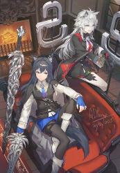 2girls adjusting_clothes adjusting_gloves adpong animal_ears arknights black_cape black_gloves black_hair black_jacket black_pantyhose black_skirt black_tail black_vest blue_gloves blue_shorts bolo_tie boots cape closed_mouth collared_shirt commentary_request couch dated fingerless_gloves fire fireplace gloves grey_hair hair_between_eyes highres holding holding_sword holding_weapon indoors jacket knee_boots knee_up lappland_(arknights) lappland_the_decadenza_(arknights) light_particles long_hair multiple_girls official_alternate_costume on_couch pantyhose pouch shirt short_shorts shorts signature sitting skirt sword tail texas_(arknights) texas_the_omertosa_(arknights) thigh_pouch vest weapon white_boots white_shirt wolf_ears wolf_girl wolf_tail yellow_eyes