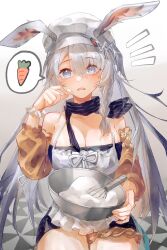 1girl absurdres animal_ears apron arknights bare_shoulders black_dress bowl braid breasts cleavage cowboy_shot detached_sleeves dress grey_hair hand_up hat highres holding holding_bowl large_breasts long_hair looking_at_viewer official_alternate_costume parted_lips puffy_sleeves rabbit_ears savage_(arknights) savage_(secret_family_recipe)_(arknights) simple_background solo speech_bubble splicond white_apron white_background white_hat