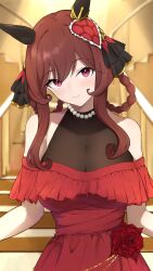 1girl alternate_costume animal_ears blush braid braided_hair_rings breasts cleavage closed_mouth commentary_request dress ear_covers ear_ornament flower gentildonna_(umamusume) hair_rings highres horse_ears horse_girl large_breasts medium_hair off-shoulder_dress off_shoulder queensalmon221 red_dress red_eyes red_flower red_rose rose see-through_cleavage see-through_clothes sidelocks smile solo stairs umamusume upper_body