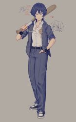 Rule 34 | 1boy, alternate costume, arm at side, bandaid, bandaid on face, baseball bat, belt, black belt, black hair, black shoes, blunt ends, carbuncly, casual, closed mouth, collared shirt, contemporary, delinquent, disembodied head, english text, eyeliner, eyeshadow, full body, genshin impact, grey background, grey jacket, grey pants, grey sleeves, hand in pocket, hand up, holding, holding baseball bat, jacket, makeup, male focus, open clothes, open jacket, pants, partially unbuttoned, raised eyebrow, red eyeliner, red eyeshadow, sanpaku, scaramouche (genshin impact), shirt, shoes, short sleeves, sleeves rolled up, sneakers, solo, twitter username, white shirt, white undershirt, wispy bangs, wristband