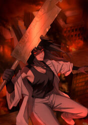 1girl absurdres black_gloves black_hair black_tank_top breasts building chainsaw_man city cleavage closed_mouth elbow_gloves facial_scar fire gloves grey_pants highres holding holding_sword holding_weapon large_breasts long_hair matomo midair outdoors pants ringed_eyes scar scar_on_cheek scar_on_face scar_on_nose shirt_tucked_in solo sword tank_top weapon yellow_eyes yoru_(chainsaw_man)