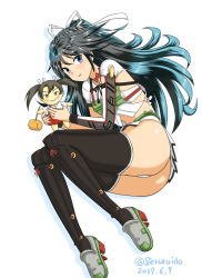 ass black_hair black_legwear blue_eyes camouflage character_doll elbow_gloves fingerless_gloves furisode geru gloves hair_ribbon japanese_clothes kantai_collection katsuragi_(kancolle) kimono long_hair looking_at_viewer multiple_girls ponytail ribbon simple_background skirt smile thighhighs thighs twintails white_background white_ribbon zuikaku_(kancolle)