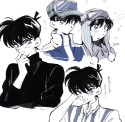 1boy 1girl ba_ko black_hair black_sweater blue_eyes blush cowlick crossed_bangs eyewear_on_head hand_in_own_hair hand_to_own_mouth hat kudou_shin&#039;ichi meitantei_conan mouri_ran multiple_views open_mouth shirt short_hair smile snow striped_clothes striped_shirt sweater turtleneck turtleneck_sweater upper_body white_background