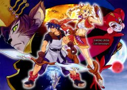 1boy 2girls bandana blonde_hair blue_eyes blue_hair braid chrono_(series) chrono_cross double_blade facepaint fur green_eyes harle_(chrono_cross) harlequin hat high_ponytail jester_cap jewelry kid_(chrono_cross) long_hair lynx masato_(artist) masato_(oal) midriff multi-tied_hair multiple_girls necklace ponytail purple_eyes red_eyes ribbon serge_(chrono_cross) skirt slit_pupils swallow_sword vest whiskers