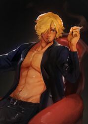 1boy black_pants black_suit blonde_hair chair cigarette closed_mouth curly_eyebrows enchannw facial_hair formal_clothes hair_over_one_eye highres holding holding_cigarette jacket male_focus mustache_stubble navel on_chair one_piece open_clothes open_jacket pants sanji_(one_piece) solo stubble suit suit_jacket toned toned_male topless_male