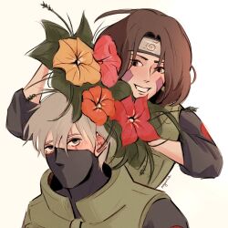 1boy 1girl alternate_universe black_eyes blush brown_hair clenched_teeth commentary english_commentary facial_mark flak_jacket flower forehead_protector green_jacket grey_hair hatake_kakashi highres jacket konohagakure_symbol long_sleeves mask mayskalih mouth_mask naruto_(series) naruto_shippuuden ninja nohara_rin orange_flower pink_flower red_flower scar scar_across_eye scar_on_face short_hair smile teeth yellow_flower
