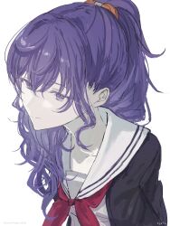 1girl arms_behind_back artist_name asahina_mafuyu black_cardigan cardigan closed_mouth collarbone copyright_name crossed_bangs english_text grey_shirt hair_between_eyes hair_ornament hair_over_shoulder hair_scrunchie high_ponytail highres kyafu leaning_forward looking_ahead miyamasuzaka_girls&#039;_academy_school_uniform neckerchief open_cardigan open_clothes ponytail project_sekai purple_eyes purple_hair red_neckerchief sailor_collar school_uniform scrunchie shirt sidelocks simple_background solo three_quarter_view twitter_username upper_body white_background white_sailor_collar