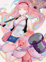 Rule 34 | 1girl, absurdres, bag, bare legs, breasts, ciarre, color connection, commentary, cosplay, cutoffs, denim, denim shorts, exposed pocket, feet out of frame, female focus, fire emblem, fire emblem: three houses, freikugel (fire emblem), grin, hammer, highres, hilda (pokemon), hilda (pokemon) (cosplay), hilda valentine goneril, hilda valentine goneril (timeskip), holding, holding hammer, holding weapon, large breasts, long hair, matching hair/eyes, midriff peek, name connection, nintendo, pink eyes, pink hair, pokemon, pokemon (creature), pokemon bw, short shorts, shorts, shoulder bag, smile, tank top, tinkaton, trait connection, weapon, weapon connection, white tank top