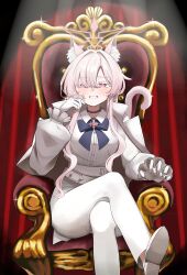 1girl absurdres akira_(blue_archive) animal_ear_fluff animal_ears black_choker blue_archive blue_bow blush bow cat_ears cat_girl cat_tail choker gloves grin hair_over_one_eye hand_on_own_face highres long_hair looking_at_viewer on_chair pants pink_eyes pink_hair shirt shoes sidelocks sitting smile solo tail toughman white_gloves white_pants white_shirt white_shoes