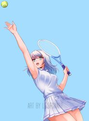 1girl absurdres arm_up armpits artist_name ball bare_shoulders blue_background blue_hair borrowed_character commentary commission dutch_angle english_commentary gradient_hair highres holding holding_racket leofoxart long_hair looking_up miniskirt multicolored_hair open_mouth original pleated_skirt racket shirt skirt sleeveless sleeveless_shirt solo sportswear teeth tennis_ball tennis_racket tennis_uniform two-tone_hair upper_teeth_only white_hair white_skirt