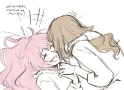 2girls bang_dream! bang_dream!_it&#039;s_mygo!!!!! brown_hair chihaya_anon commentary english_commentary english_text fang holding_hands hug interlocked_fingers long_hair multiple_girls nagasaki_soyo niigouki open_mouth pink_hair sidelocks simple_background teeth upper_teeth_only white_background yuri