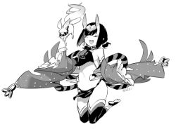 1girl bob_cut chinese_clothes commentary_request detached_sleeves dudou eyeliner fate/grand_order fate_(series) flat_chest folded_ponytail fox full_body haku_(fate) headpiece horns makeup open_mouth petite shiromako shuten_douji_(fate) shuten_douji_(fate/grand_order) shuten_douji_(halloween_caster)_(fate) signature skin-covered_horns smile solo toeless_legwear wide_sleeves