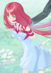 Rule 34 | 1boy, 1girl, absurdres, alternate costume, aqua eyes, arms behind back, bdsm, black suit, bondage, bound, bound arms, bound torso, bound wrists, breast bondage, breasts, business suit, cailin020, cleave gag, cloth gag, dress, formal clothes, gag, gagged, genshin impact, highres, improvised gag, long hair, nilou (genshin impact), red hair, red rope, restrained, rope, shibari, shibari over clothes, solo focus, suit, twintails, walking, white dress