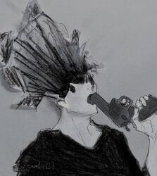 1other black_shirt charcoal_(medium) exploded_head greyscale gun gun_to_head gun_to_mouth guro highres holding holding_gun holding_weapon implied_suicide mixed_media monochrome no_eyes original paper_texture revol4357 shadow shirt solo suicide torn_paper upper_body weapon