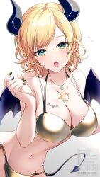 1girl :o absurdres bikini black_horns blonde_hair breast_tattoo breasts commentary_request demon_horns demon_tail demon_wings earrings gold_bikini golden_week green_eyes hand_up heart heart_necklace highres hololive horns jewelry kudoukudokudo large_breasts looking_at_viewer miniskirt multi-strapped_bikini_top navel necklace short_hair skirt solo stomach string_bikini swept_bangs swimsuit tail tattoo teeth upper_teeth_only virtual_youtuber watermark winged_heart winged_heart_tattoo wings yuzuki_choco