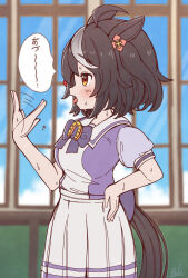 1girl ahoge animal_ears black_hair blue_sky blurry blurry_background blush bow cloud commentary_request day depth_of_field fanning_face fanning_self from_side grey_hair hand_on_own_hip hand_up highres horse_ears horse_girl horse_tail hot indoors kitasan_black_(umamusume) multicolored_hair open_mouth pleated_skirt profile puffy_short_sleeves puffy_sleeves purple_bow purple_shirt rakugakiraid red_eyes school_uniform shirt short_sleeves signature skirt sky solo streaked_hair sweat tail tongue tongue_out tracen_school_uniform translation_request two_side_up umamusume white_skirt window