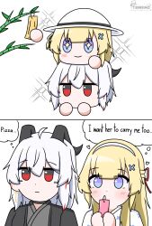 2girls ahoge black_eyes black_horns black_kimono blonde_hair blue_eyes closed_mouth commentary curled_horns english_commentary english_text hair_between_eyes hair_ornament hair_ribbon hairband highres holding horns japanese_clothes kimono long_hair multicolored_eyes multicolored_hair multiple_girls phoebe_(wuthering_waves) red_eyes red_ribbon remnant_cube_(wuthering_waves) ribbon streaked_hair tanabata tenrino two-tone_eyes white_hairband white_kimono wuthering_waves x_hair_ornament zani_(wuthering_waves)