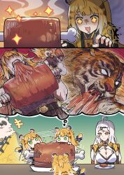 +_+ 1boy 2girls absurdres ahoge animal_ear_fluff animal_ears boned_meat bow breasts cleavage colored_inner_hair eating fat fingerless_gloves food gloves green_eyes hair_ornament highres jacket ju_fufu large_breasts long_hair meat multicolored_fur multicolored_hair multiple_girls orange_fur pan_yinhu panda_boy panda_ears round_eyewear sakana_(fishchunk) smile speech_bubble striped_fur tail tail_bow tail_ornament thought_bubble tiger tiger_ears tiger_girl tiger_stripes tiger_tail upper_body white_fur white_hair yellow_eyes yellow_jacket yin_yang_pin yixuan_(zenless_zone_zero) zenless_zone_zero