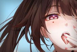 black_hair blush heart heart-shaped_pupils honkai:_star_rail honkai_(series) mole mole_under_eye nail_polish open_mouth sparkle sparkle_(honkai:_star_rail) symbol-shaped_pupils teeth tongue tongue_out xfate