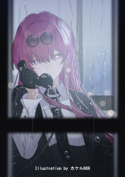 1girl alternate_costume artist_name black_gloves black_jacket breasts closed_mouth collared_shirt commentary corded_phone earrings eyewear_on_head glasses gloves highres holding holding_phone honkai:_star_rail honkai_(series) jacket jewelry kafka_(honkai:_star_rail) large_breasts long_hair looking_at_viewer phone phone_booth pince-nez purple_eyes purple_hair rain revision round_eyewear shirt smile solo srpzk sunglasses white_shirt