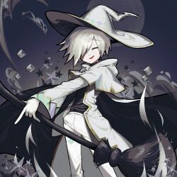 Rule 34 | 1boy, ^ ^, adversarial noise, black cape, blonde hair, broom, cape, capelet, closed eyes, coat, full moon, gloves, hair over one eye, hand in pocket, happy, hat, holding, holding broom, lemres (puyopuyo), long sleeves, male focus, moon, night, one eye covered, open clothes, open coat, open mouth, outdoors, pale skin, pants, puyopuyo, puyopuyo quest, raised eyebrows, shirt, shirt tucked in, short hair, sidelocks, smile, sok (mr14 c), solo, sparkle, standing, star (symbol), white capelet, white coat, white gloves, white hat, white pants, white shirt, witch hat, yellow trim