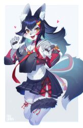 1girl animal_ear_fluff animal_ears animal_nose artist_name black_hair black_shirt black_skirt black_sleeves blush border breasts choker claw_pose claws crop_top crop_top_overhang cropped_legs cropped_shirt cross-laced_slit detached_sleeves fang furrification furry furry_female hair_ornament hands_up heart highres hololive inuki_(aruurara) kouhaku_nawa long_hair looking_at_viewer midriff miniskirt multicolored_hair navel necktie ookami_mio ookami_mio_(1st_costume) open_mouth outside_border pawpads pleated_skirt red_choker red_necktie red_streaks rope sailor_collar shimenawa shirt side_slit skirt sleeveless sleeveless_shirt solo standing streaked_hair tail tail_around_own_leg tail_wrap thighhighs virtual_youtuber white_border white_sailor_collar white_thighhighs wolf_ears wolf_girl wolf_tail yellow_eyes