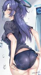 Rule 34 | 1girl, ass, black buruma, black halo, black shirt, blue archive, blue buruma, blue eyes, blue hair, blue shorts, blush, breasts, buruma, gym uniform, halo, id card, inoue takuya (tactactak), lanyard, large breasts, long hair, looking at viewer, mechanical halo, official alternate costume, open mouth, ponytail, purple eyes, purple hair, shirt, short sleeves, shorts, sideboob, solo, sportswear, sweat, sweatdrop, wet, workout clothes, yuuka (blue archive), yuuka (track) (blue archive)