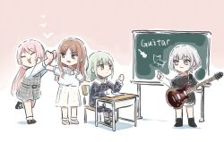 4girls :3 bang_dream! bang_dream!_it&#039;s_mygo!!!!! black_shirt blue_dress blue_eyes brown_hair chair chalkboard chihaya_anon choker closed_eyes commentary_request desk dress electric_guitar frilled_choker frills green_hair grey_dress guitar heterochromia holding holding_guitar holding_instrument instrument kaname_raana layered_sleeves long_hair long_sleeves lyy mortis_(bang_dream!) mortis_(persona)_(bang_dream!) multiple_girls nagasaki_soyo open_mouth pink_hair plaid_clothes plaid_dress raana_the_cat school_chair school_desk shirt short_hair short_over_long_sleeves short_sleeves sidelocks sitting skirt standing wakaba_mutsumi white_hair white_shirt white_skirt yellow_eyes