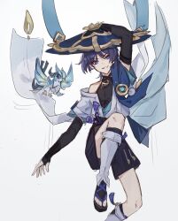1boy anemo_symbol_(genshin_impact) arm_at_side arm_up armor black_bodysuit black_bridal_gauntlets black_leggings black_sandals black_shorts blue_cape blue_gemstone blue_hat blue_kimono blue_sleeves blunt_ends bodysuit bridal_gauntlets bright_pupils cape cloud_retainer_damasked_device_(genshin_impact) eyeliner eyeshadow feathers furisode gem genshin_impact gold grin hakama hakama_shorts hat highres japanese_armor japanese_clothes jingasa juban kimono knee_up kote kurokote layered_sleeves leg_warmers leggings looking_at_viewer makeup male_focus mandarin_collar open_clothes open_hand open_kimono pleated_shorts pom_pom_(clothes) purple_eyes purple_hair red_eyeliner red_eyeshadow sandals scaramouche_(genshin_impact) sgm618 short_sleeves shorts single_off_shoulder smile tassel toenails toes tsurime v-shaped_eyebrows wanderer_(genshin_impact) white_background white_kimono white_leg_warmers white_pupils white_sleeves yellow_feathers zouri