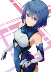 1girl absurdres alice_gear_aegis ass bare_shoulders blue_eyes blue_hair breasts closed_mouth clothing_cutout covered_navel elbow_gloves gloves hair_between_eyes highres leotard looking_at_viewer medium_breasts origami_yakko purple_eyes short_hair solo takanashi_rei white_gloves