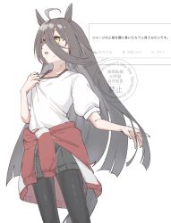 1girl animal_ears black_hair black_pantyhose black_shorts clothes_around_waist collar_tug exhausted grey_hair hair_between_eyes hand_up highres horse_ears horse_girl horse_tail jacket jacket_around_waist long_bangs long_hair long_hair_between_eyes manhattan_cafe_(umamusume) multicolored_hair open_mouth pantyhose puffy_sleeves pulling_own_clothes red_jacket semicolon_chan shirt shorts simple_background solo sweat tail tied_jacket track_jacket twitter_username umamusume unworn_jacket very_long_hair watermark white_background white_hair white_shirt yellow_eyes