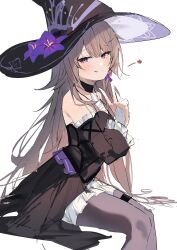 1girl absurdres black_dress black_pantyhose brown_eyes brown_hair detached_sleeves dress flower frilled_dress frills goth_fashion hat hat_flower herta_(honkai:_star_rail) highres honkai:_star_rail honkai_(series) katata long_hair looking_at_viewer pantyhose sitting smile solo star_(symbol) the_herta_(honkai:_star_rail) victory_pose white_background witch witch_hat