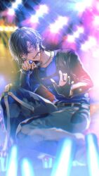 Rule 34 | 1boy, :d, belt, black-framed eyewear, black belt, black gloves, black hair, black nails, blue shirt, blurry, blurry background, bracelet, chain, chain bracelet, chain necklace, commentary request, crossed bangs, earpiece, fingernails, glasses, gloves, glowstick, grey pants, hair between eyes, highres, jewelry, kaburagi (pnoir087), lens flare, light particles, long sleeves, looking at viewer, lower teeth only, male focus, microphone, nail polish, necklace, nijisanji, open mouth, pants, partially fingerless gloves, purple eyes, ring, shikinagi akira, shirt, short hair, single glove, smile, solo, squatting, stage lights, star ring, sweat, teeth, torn clothes, torn pants, virtual youtuber