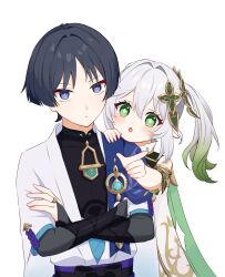 1boy 1girl absurdres anemo_symbol_(genshin_impact) aqua_gemstone armlet behind_another belt black_belt black_bodysuit black_bow black_bridal_gauntlets black_hair blue_cape blue_kimono blue_sleeves blunt_ends blush bodysuit bow bridal_gauntlets cape closed_mouth colored_tips covered_collarbone cross-shaped_pupils crossed_arms detached_sleeves dress eyelashes eyeliner eyeshadow fingernails gem genshin_impact gold gold_ring gold_trim gradient_hair green_cape green_eyes green_hair green_pupils green_sleeves hair_between_eyes hair_intakes hand_on_another&#039;s_shoulder hand_on_own_arm head_on_another&#039;s_shoulder highres index_finger_raised japanese_clothes jewelry juban kimono layered_sleeves long_hair looking_at_viewer makeup mandarin_collar middle_ring multicolored_hair nahida_(genshin_impact) omochi_(omoch1_93) open_clothes open_kimono open_mouth pointing pointing_at_viewer pom_pom_(clothes) purple_eyes purple_pupils purple_rope purple_sash red_eyeliner red_eyeshadow rope sash scaramouche_(genshin_impact) short_sleeves side_ponytail sidelocks streaked_hair symbol-shaped_pupils tareme tsurime upper_body vision_(genshin_impact) wanderer_(genshin_impact) white_background white_dress white_hair white_kimono white_sleeves wispy_bangs