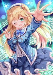 1girl ;d arm_up blonde_hair blue_bow blue_jacket blue_skirt blush bow collared_shirt commentary_request dated dress_shirt fujisawa_yuzu glowstick green_eyes hand_up happy_birthday highres jacket layered_skirt long_hair long_sleeves looking_at_viewer one_eye_closed ongeki open_mouth pleated_skirt puffy_long_sleeves puffy_sleeves shirt skirt smile solo v very_long_hair white_shirt xenon_(for_achieve)
