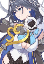 1girl black_gloves black_hair black_shirt black_skirt black_sleeves blue_bow blue_bowtie blue_eyes blue_hair bow bow_earrings bowtie breasts chain chain_headband clothing_cutout colored_inner_hair commentary_request crop_top detached_sleeves earrings eternaltanbo gloves hair_between_eyes hair_intakes halo highres holding holding_sword holding_weapon hololive hololive_english jewelry large_breasts looking_to_the_side multicolored_hair ouro_kronii ouro_kronii_(1st_costume) parted_lips pinstripe_pattern pinstripe_shirt pinstripe_skirt sailor_collar shirt short_hair simple_background skirt sleeveless sleeveless_shirt solo sword teeth turning_head two-tone_hair underboob_cutout virtual_youtuber weapon white_background white_sailor_collar white_shirt