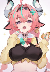 1girl absurdres ahoge animal_ears bell bow breasts bright_pupils cow_ears cow_girl cow_horns cowbell detached_sleeves fang food fur_trim genshin_impact hair_between_eyes hair_ornament headband highres holding holding_food horns large_breasts long_hair looking_at_viewer multicolored_hair open_mouth pink_hair pisuke_(user_kcmh2774) purple_eyes skin_fang solo sparkle stomach streaked_hair upper_body varesa_(genshin_impact) yellow_sleeves